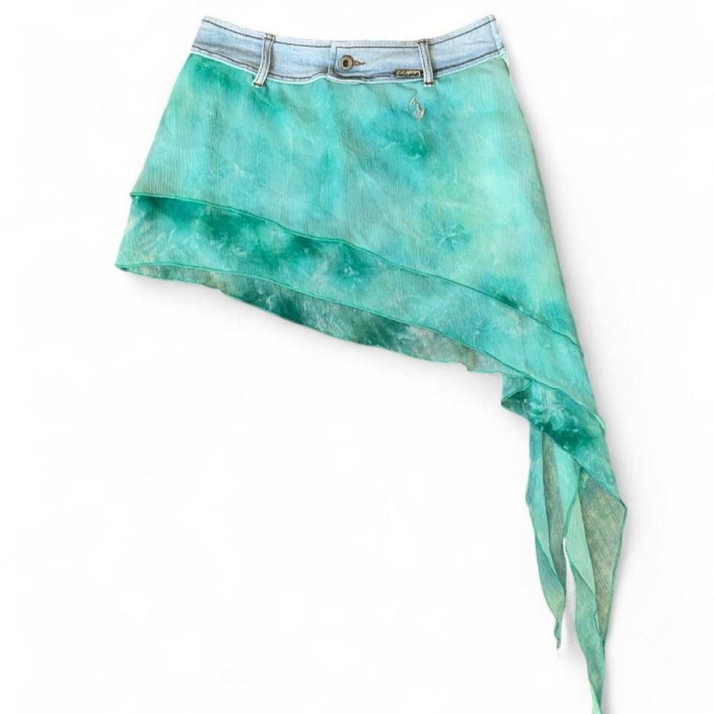 Y2K Fairycore teal denim skirt with asymmetrical hem